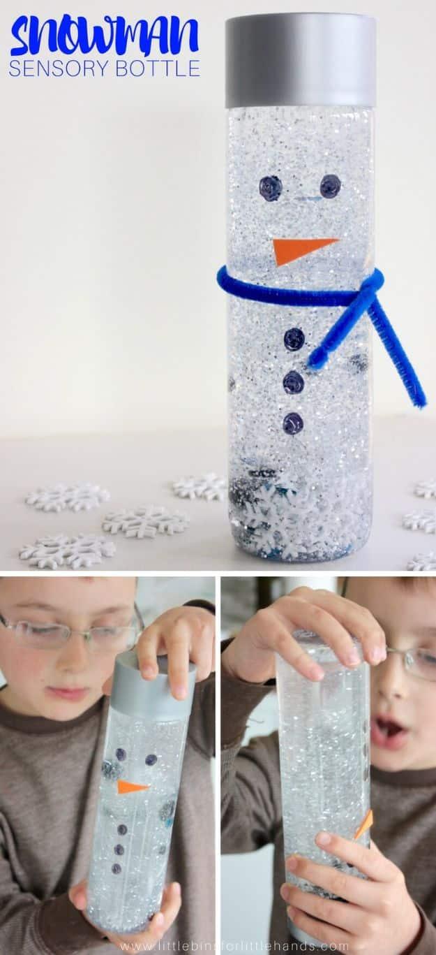 Pin graphic titled Snowman Sensory Bottle, a glitter filled bottle drawn as a snowman plus a child shaking it