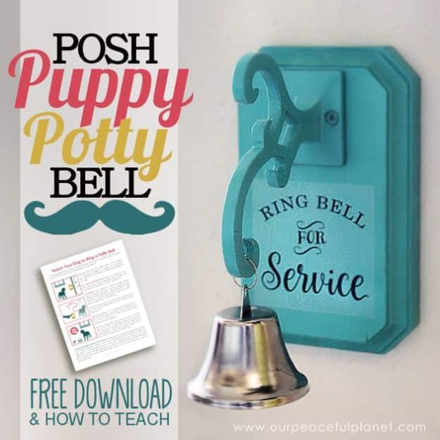 Collage titled Posh Puppy Potty Bell over a teal plaque reading Ring Bell For Service with a silver bell hanging