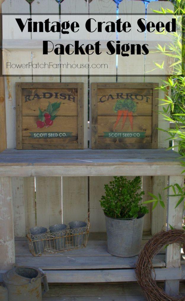 DIY Vintage Signs - Vintage Crate Seed Packet Signs - Rustic, Vintage Sign Projects to Make At Home - Creative Home Decor on a Budget and Cheap Crafts for Living Room, Bedroom and 