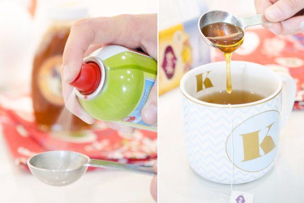 Two photos of nonstick spray being applied to a measuring spoon and honey pouring cleanly into a mug of tea