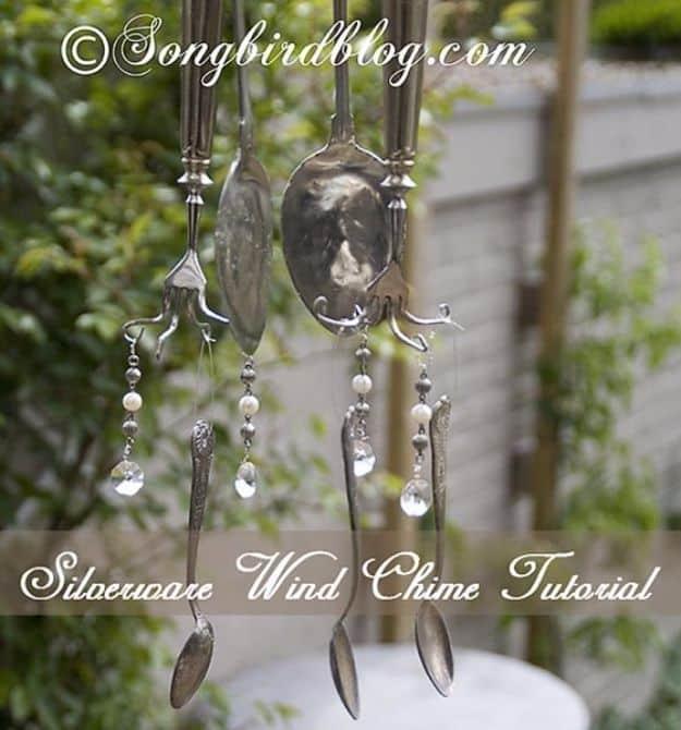 Silverware wind chime of flattened spoons and forks with pearls and glass drops, under a typeset tutorial title