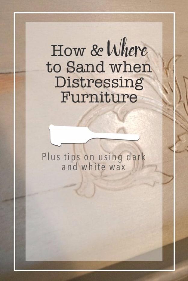 How and Where to Sand When Distressing Furniture graphic with a paint scraper illustration on a soft cream background