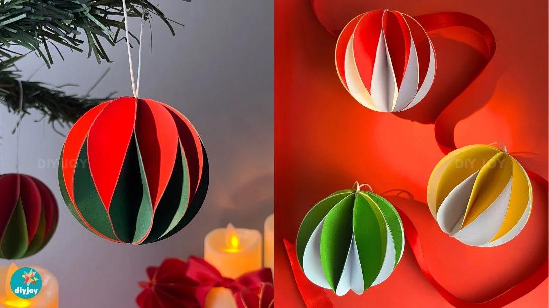 Holiday Crafts - two panel image pairing a paper ball ornament hanging on a branch with three finished ornaments on a red ribbon background