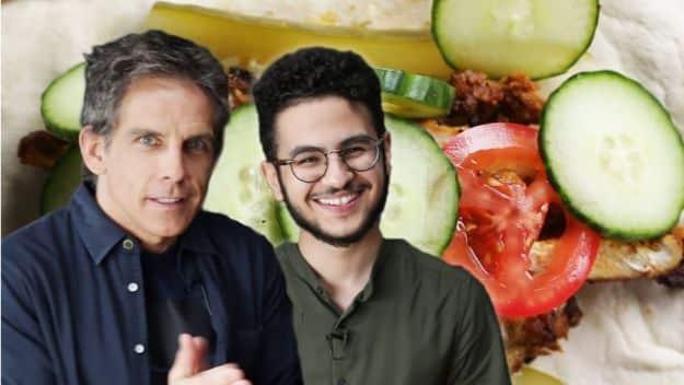 Ben Stiller chicken shawarma in a pita with tomato and cucumber, a celebrity inspired chicken dinner recipe