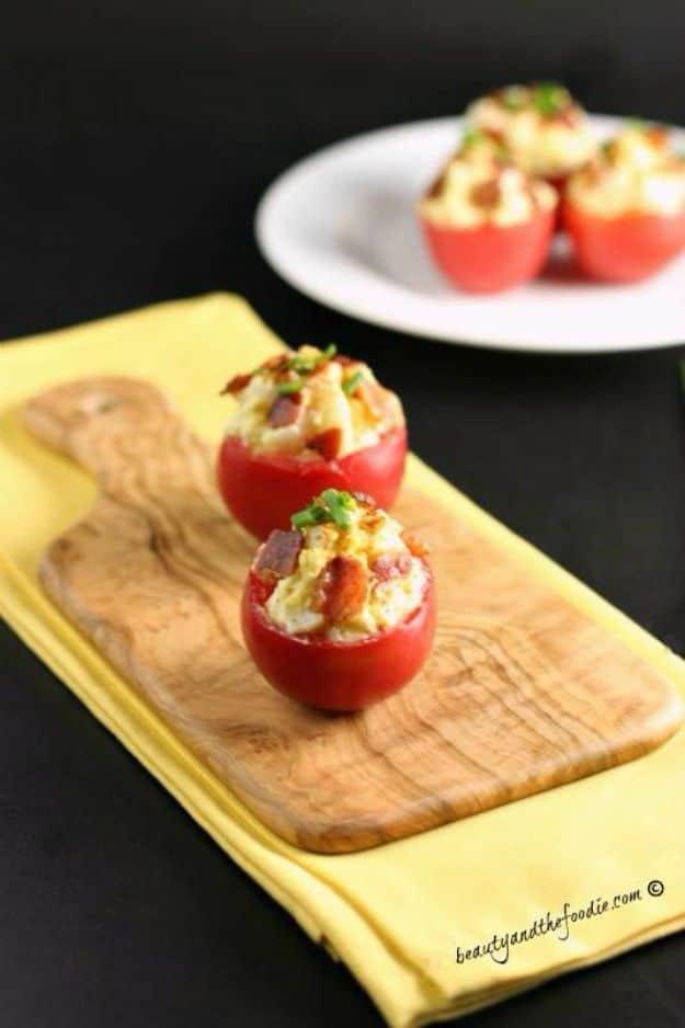 Bacon egg salad tomato bites, small tomatoes hollowed and filled with egg salad, bacon and chives, gluten free