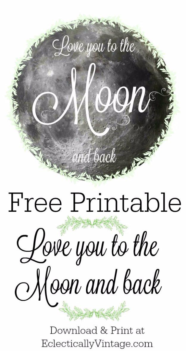 Love you to the moon and back printable, a photographed full moon ringed with a green leaf wreath and white script inside it