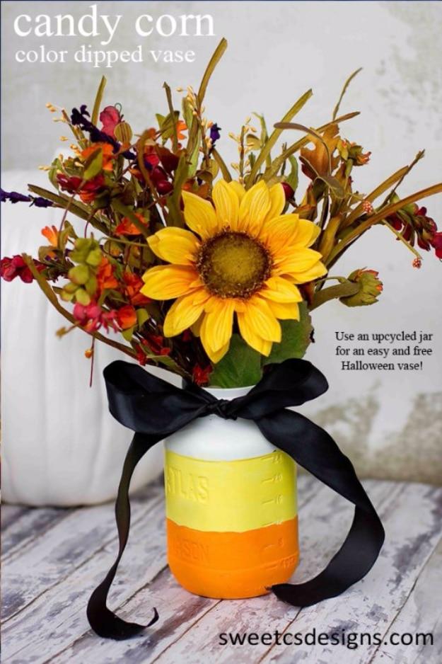 Best Mason Jar Crafts for Fall - Candy Corn Color Dipped Vase - DIY Mason Jar Ideas for Centerpieces, Wedding Decorations, Homemade Gifts, Craft Projects with Leaves, Flowers and B