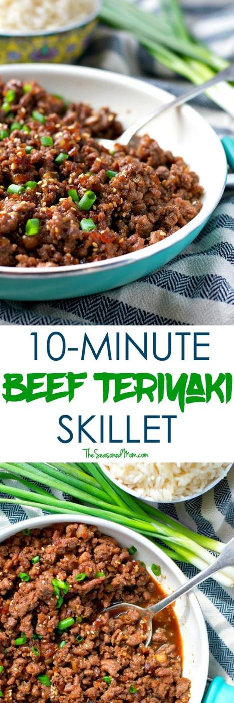 Ten minute beef teriyaki skillet with ground beef in a thick glossy teriyaki sauce over steamed rice
