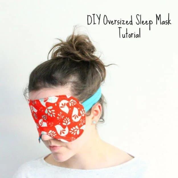 Sewing craft to sell: an oversized sleep mask sewn to block out light around the edges for real travel comfort