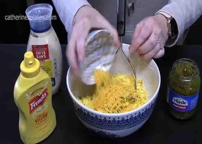 Making the filling for the deviled eggs