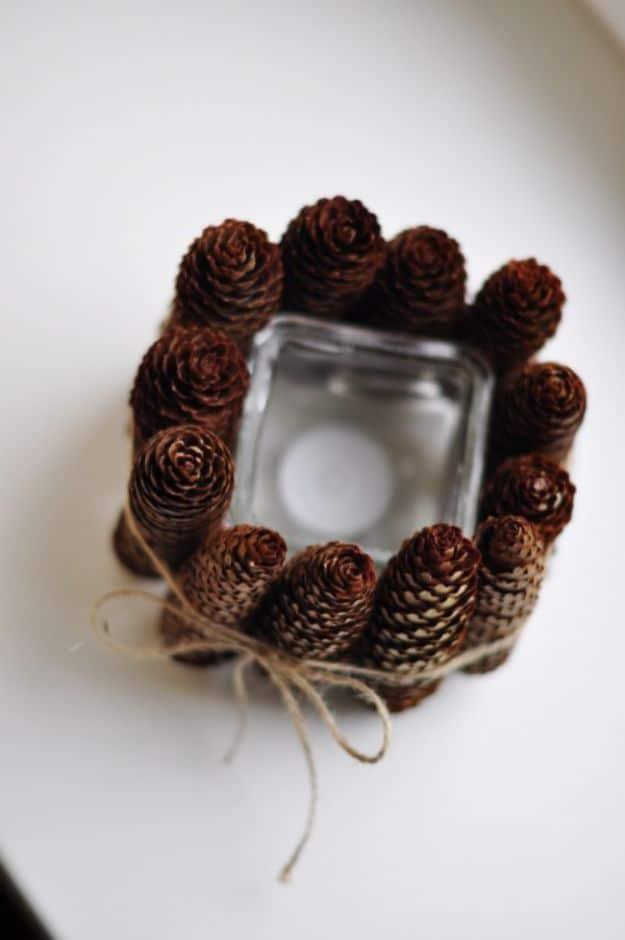 DIY Candle Holders - Simple DIY Pine Cone Candle Holder - Easy Ideas for Home Decor With Candles, Tall Candlesticks and Votives - Fun Wooden, Rustic, Glass, Mason Jar, Boho and Pro