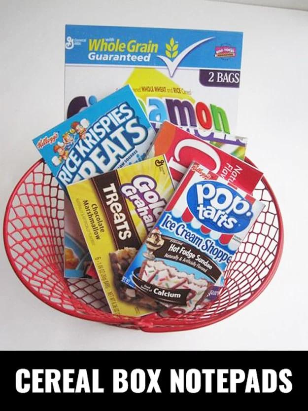 DIY crafts to make and sell: cereal box notepads cut from recycled cardboard, a nearly free stocking stuffer craft