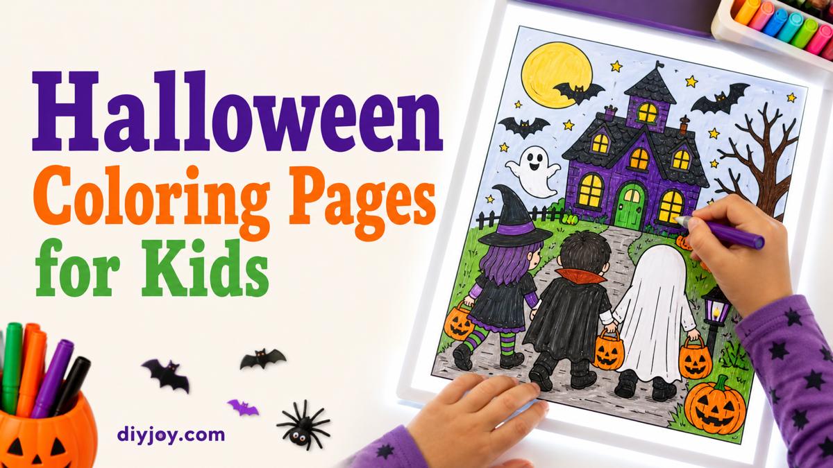 Halloween coloring pages for kids - free printable set to color at home - a fun, friendly kids Halloween coloring page