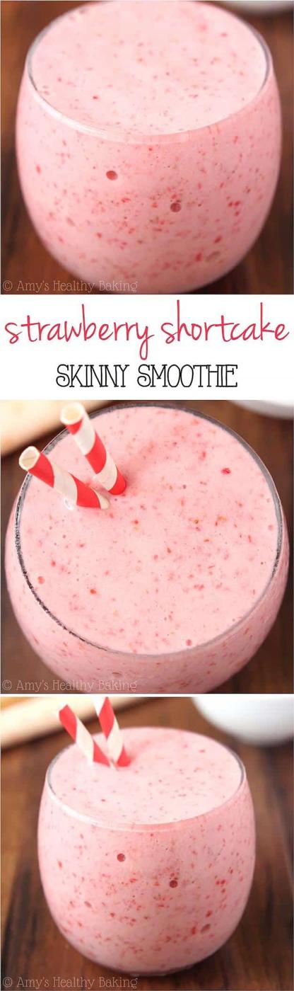 Skinny strawberry shortcake smoothie blended from just three ingredients with no added sugar in it at all