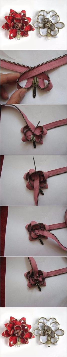 Red and white zipper flowers with brass teeth shown finished above step photos of a pink zipper being folded into petals
