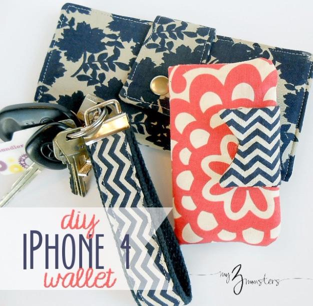 Navy floral iPhone wallets with a matching chevron wrist strap and keys, under a typeset DIY iPhone Wallet title