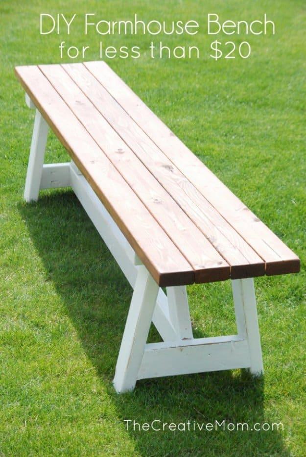 DIY Farmhouse Bench, a pretty DIY patio decor idea for outdoor living and perfect for summer evenings on the porch