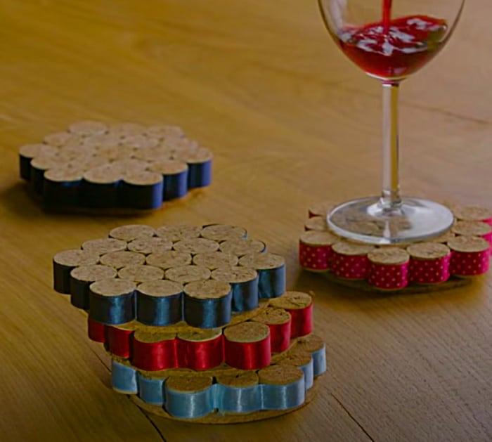 Make coasters from recycled cork and ribbon