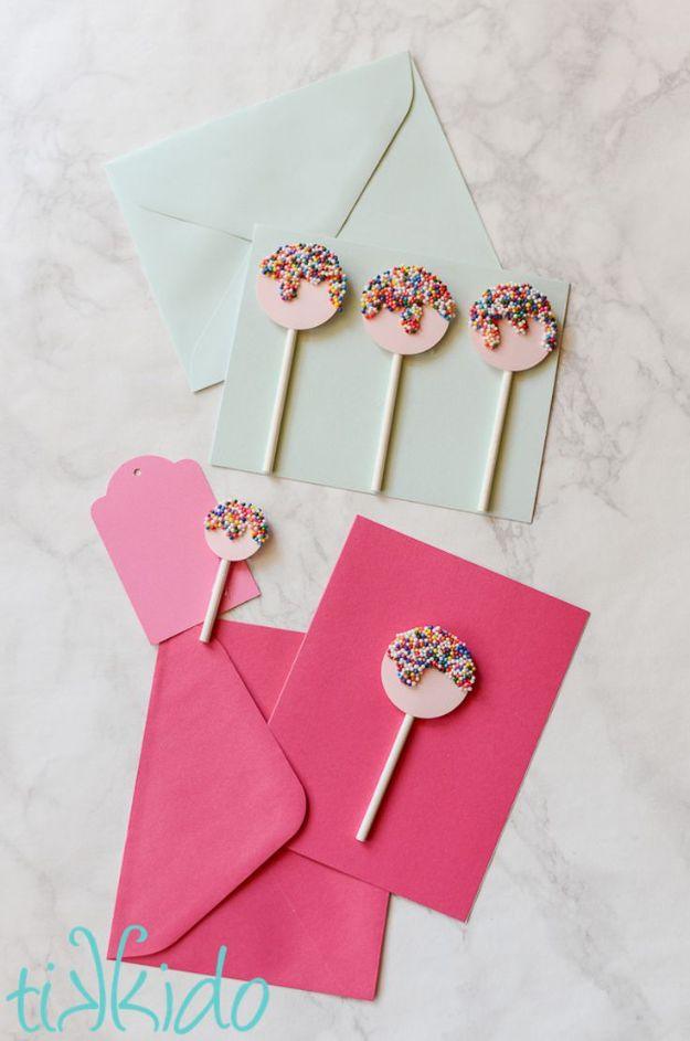 DIY birthday card idea: a lollipop card decorated with sprinkles for a sweet colorful birthday surprise