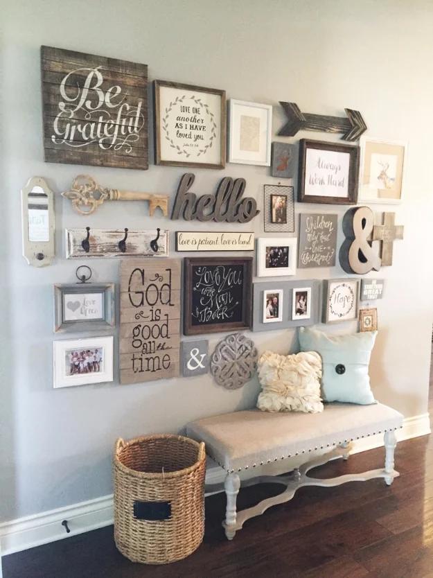 DIY Farmhouse Style Decor Ideas - Entryway Gallery Wall - Rustic Ideas for Furniture, Paint Colors, Farm House Decoration for Living Room, Kitchen and Bedroom #diy