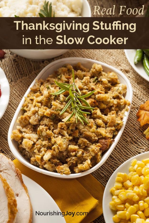 Text reading Thanksgiving Stuffing in the Slow Cooker above a casserole dish of bread stuffing with rosemary