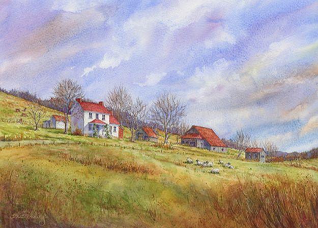 Watercolor Tutorials and Techniques - Step By Step Watercolor Winter Farm Scene - How To Paint With Watercolor - Make Watercolor Flowers, Ocean, Sky, Abstract People, Landscapes, B