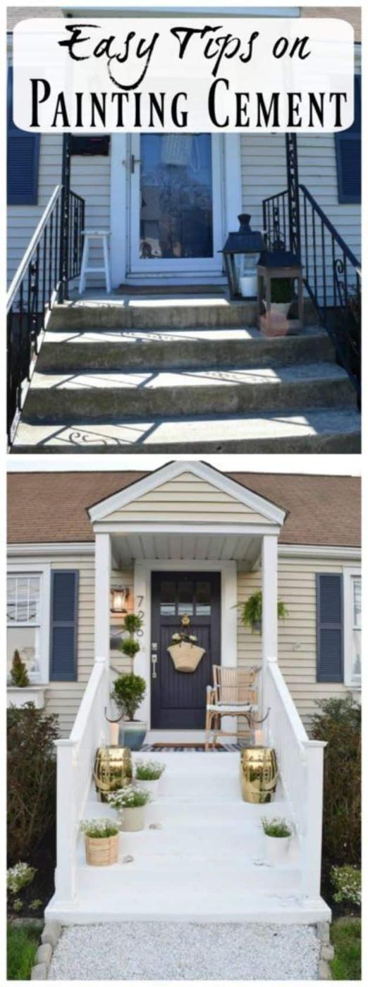 Painting hack before and after, dull gray cement front steps above the same porch with steps painted white