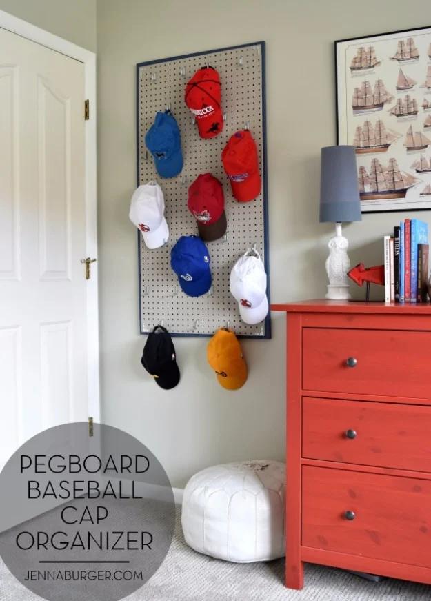 Pegboard Baseball Cap Organizer, a bedroom accent idea, easy to scale up for a whole batch and a keepsake worth handing down