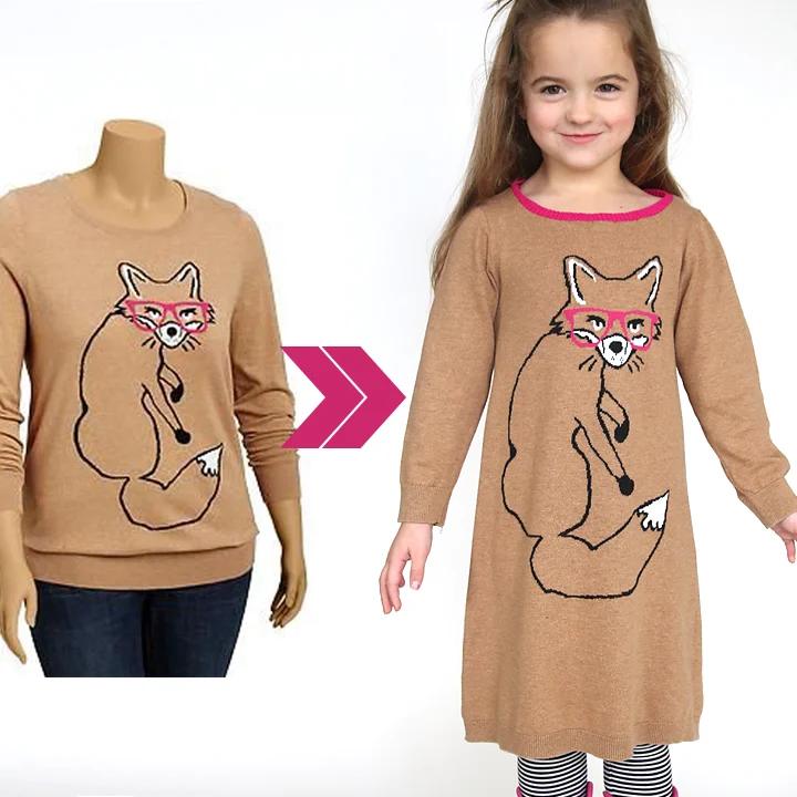 Adult tan fox print sweater beside the little girl's dress made from it, shown as a before and after