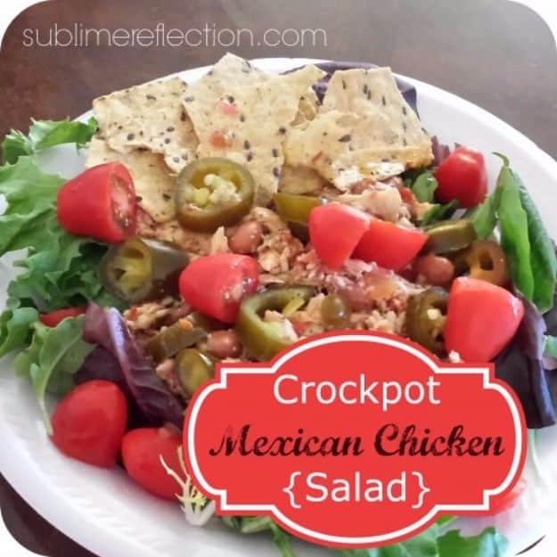Crock pot Mexican chicken salad with shredded chicken, corn and peppers, a healthy make ahead lunch, healthy and easy