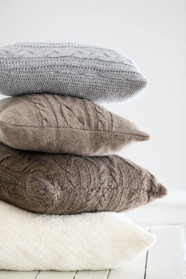 DIY Pillows and Creative Pillow Projects - Re-Purposed Sweater Pillows - Decorative Cases and Covers, Throw Pillows, Cute and Easy Tutorials for Making Crafty Home Decor - Sewing T