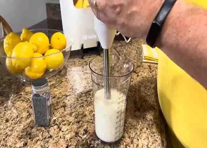 Making the lemon poppyseed dressing for the summer salad