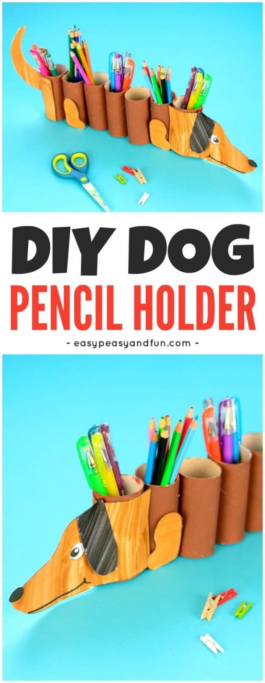 Collage titled DIY Dog Pencil Holder over cardboard tubes glued in a row and painted as one long tan dachshund