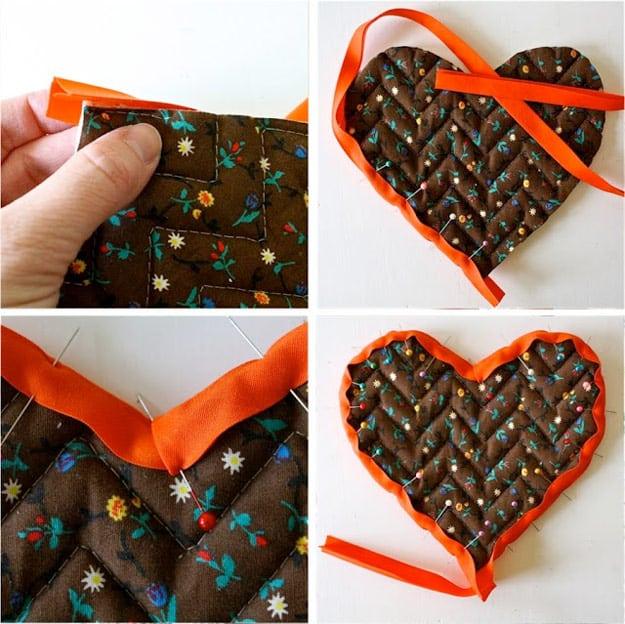 How to sew bias tape the proper way, four panels showing orange bias tape pinned around a quilted brown floral fabric heart
