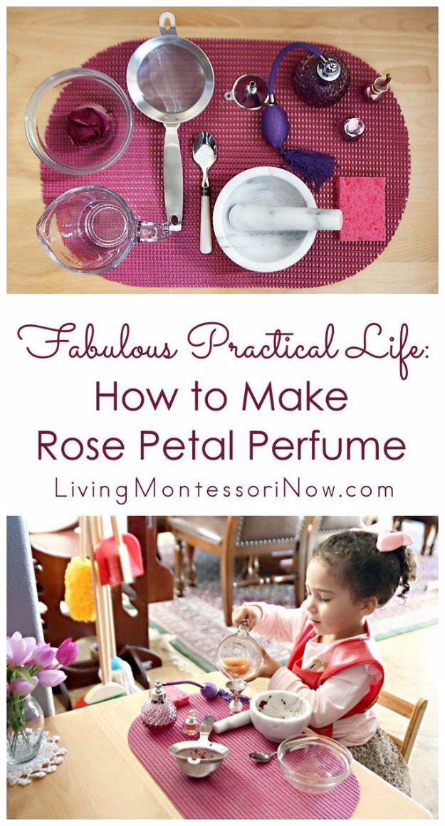 Rose petal perfume, an overhead tray on a pink mat with a mortar and pestle, sieve, bowls, spoons and glass perfume bottles