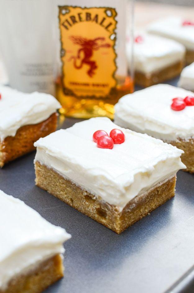 Fireball Whiskey Recipes - RumChata Blondies with Fireball Cream Cheese Frosting - Fire ball Whisky Recipe Ideas - Pie, Desserts, Drinks, Homemade Food and Cocktails - Easy Treats