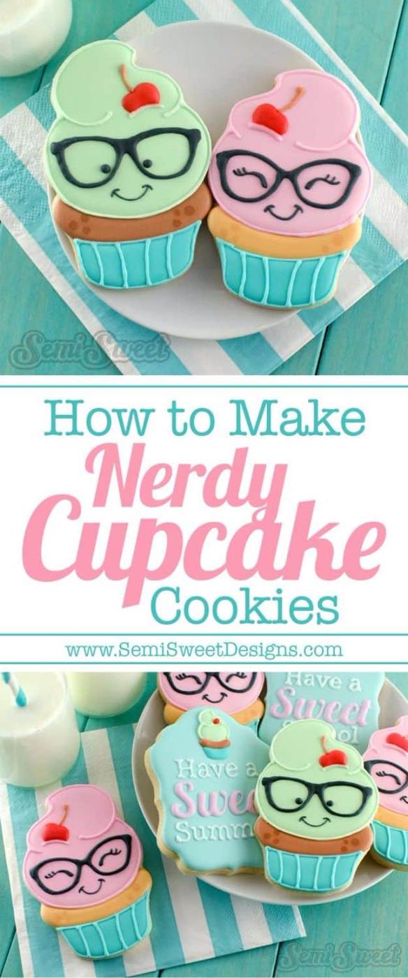 Nerdy cupcake cookies, cupcake shaped sugar cookies topped with a heap of colorful Nerds candy on icing