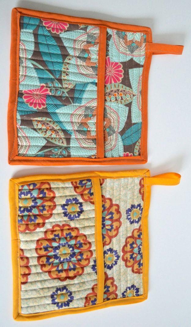 Quilted Pot Holders, straightforward enough to knock out in a day and a sweet little detail guests always notice