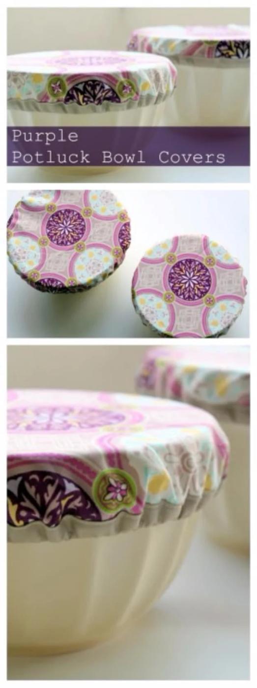 Purple print fabric covers stretched over three graduated mixing bowls, tied in a set of three with twine for a fair
