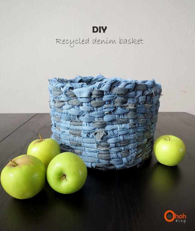 Blue Jean Upcycles - DIY Recycled Denim Basket - Ways to Make Old Denim Jeans Into DIY Home Decor, Handmade Gifts and Creative Fashion - Transform Old Blue Jeans into Pillows, Rugs