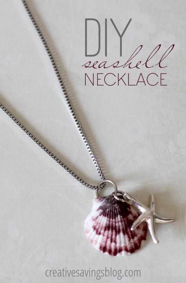 A single drilled shell hanging from a fine gold chain against skin, photographed on wet sand, an Etsy shop idea