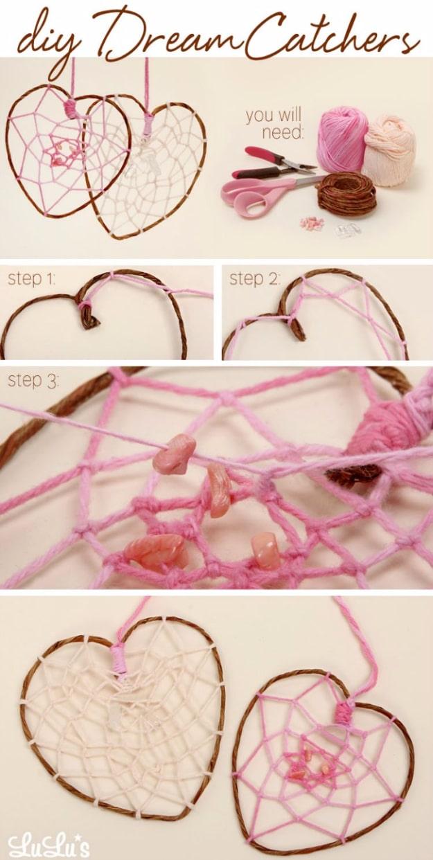 DIY heart dreamcatcher, two brown wire hearts strung with knotted pink and cream webs and beads, above three step photos