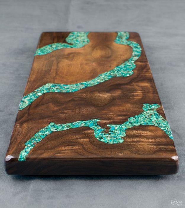 Turquoise Inlay Cheese Board, a resin craft idea, simple enough for a first try and a satisfying finish for not much work