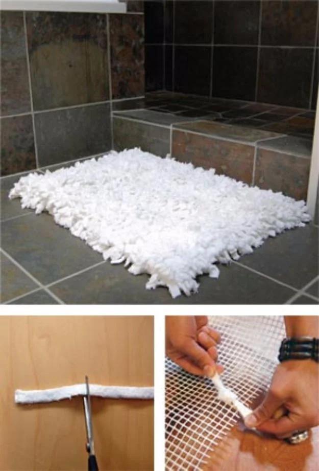 Towel bath rug collage showing a white knotted rug on a tiled floor above two cutting and knotting steps