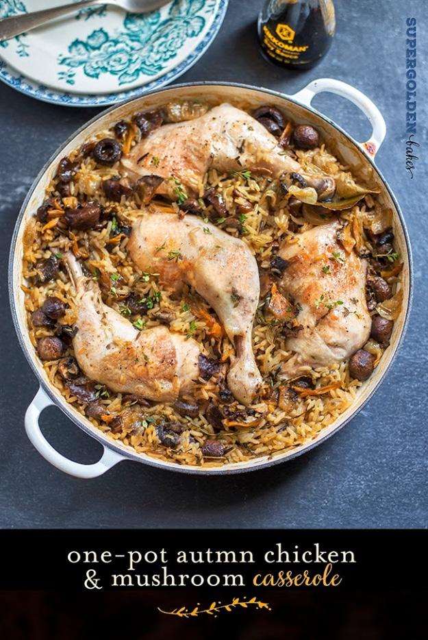 Typeset graphic for one pot autumn chicken and mushroom casserole, browned chicken legs over wild rice in a white pot