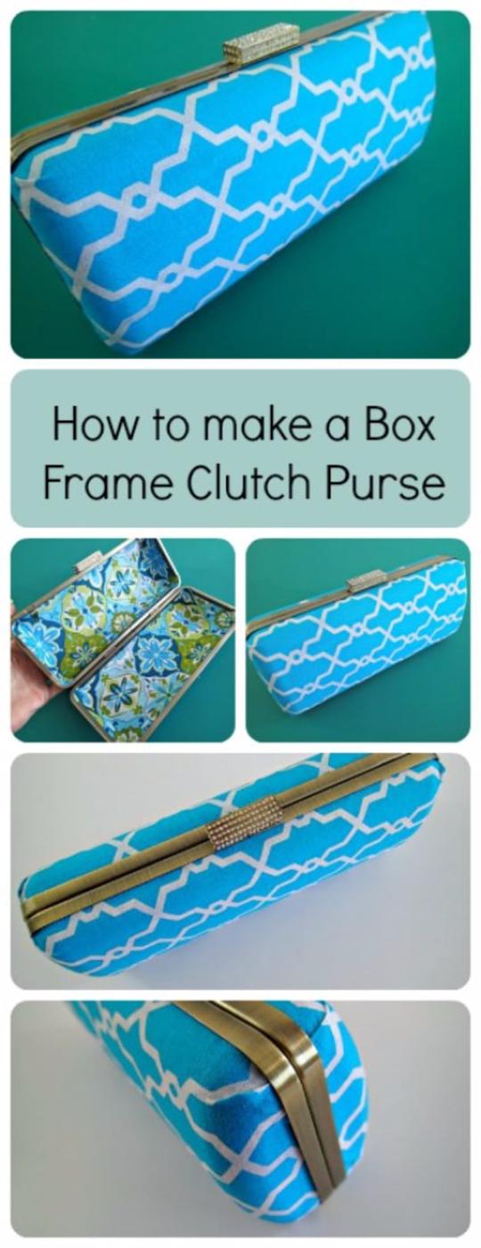 Structured turquoise and white lattice print clutch on a gold box frame with a crystal clasp shown open and closed
