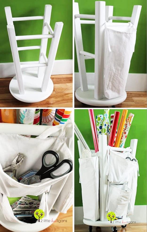 Four panel collage of a white painted stool, a fabric pocket, scissors in a pocket and stored rolls of wrapping paper