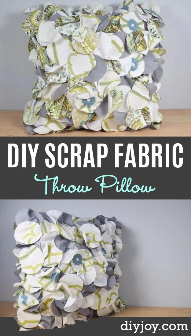 Throw pillow covered in overlapping raw edged fabric scrap circles in grey, white and chartreuse, shown from two angles