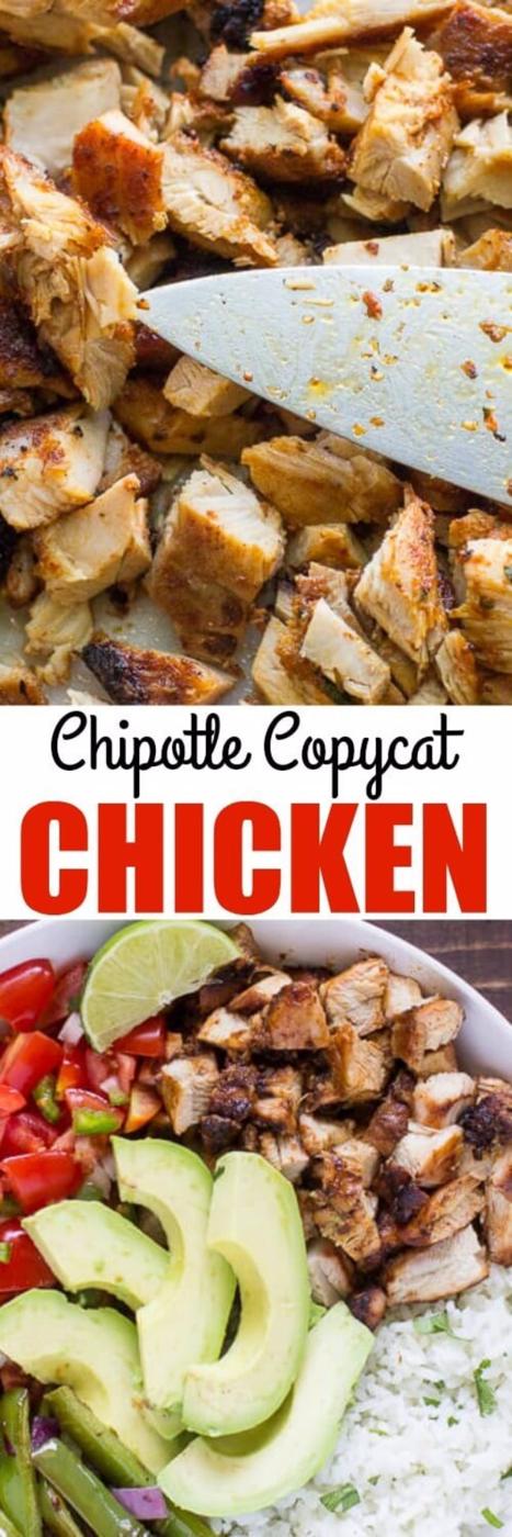Chipotle copycat chicken marinated in ancho chile and adobo, seared with charred edges and sliced on a board