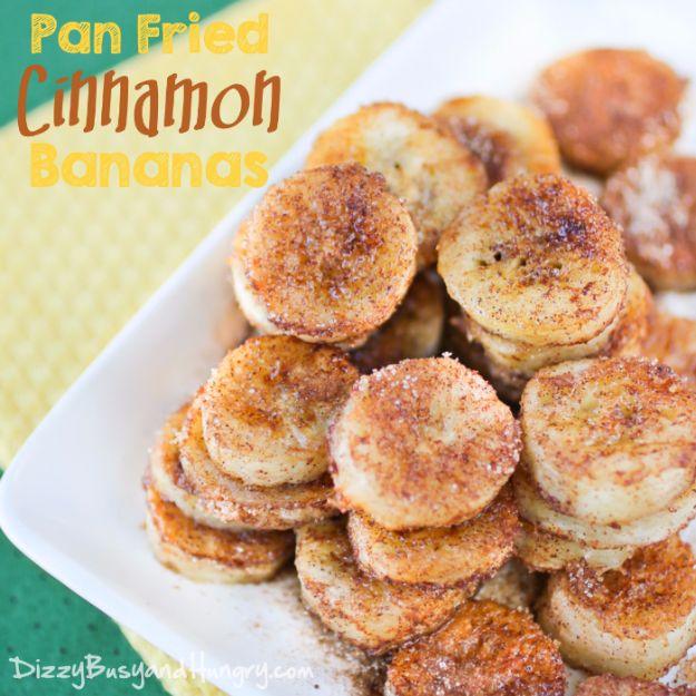Pan fried cinnamon bananas caramelized in a skillet, an easy five minute warm topping for yogurt or ice cream
